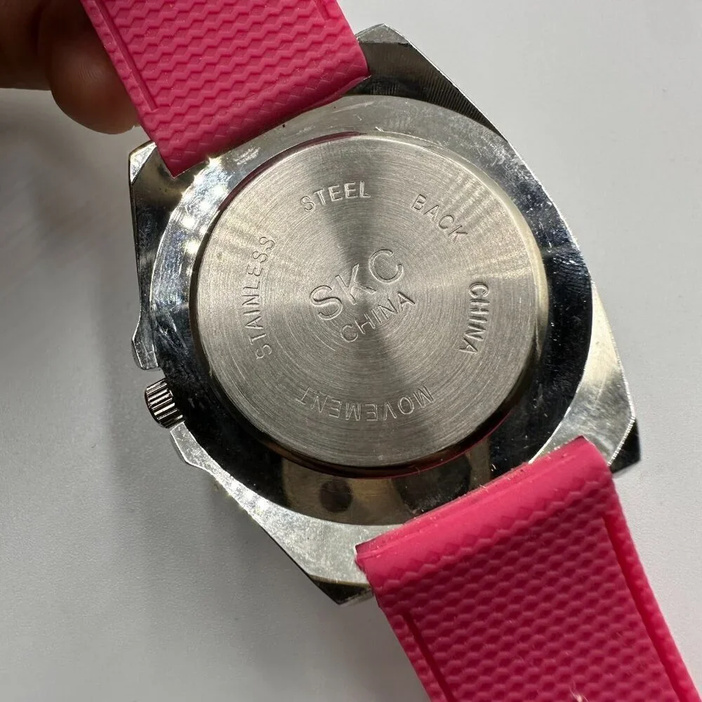 3/$30 Pink Watch Women Silicone Band Silver Tone Case White Dial Sporty